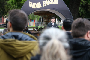 San Jose actor Jeffrey Adams portrays Robert F. Kennedy on the 50th anniversary of his presidential campaign speech in St. James Park in downtown San Jose.