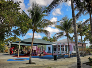 A playground shaded overhead by a roof structure. It is surrounded by palm trees. There is a pink building in the background.