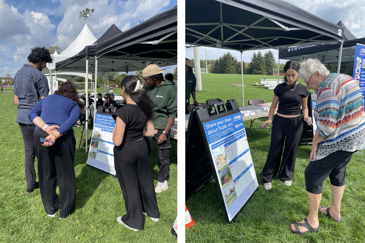 Two photos side by side showing people interacting with public art engagement boards at an outdoor event. The boards display information and space for comments, while tents and grassy fields form the backdrop.